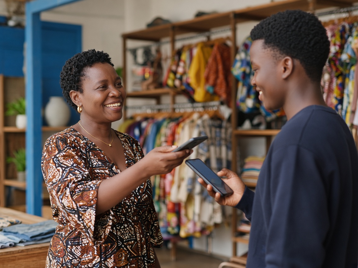 A shop owner taking a mobile payment from a customer at a bright market stall